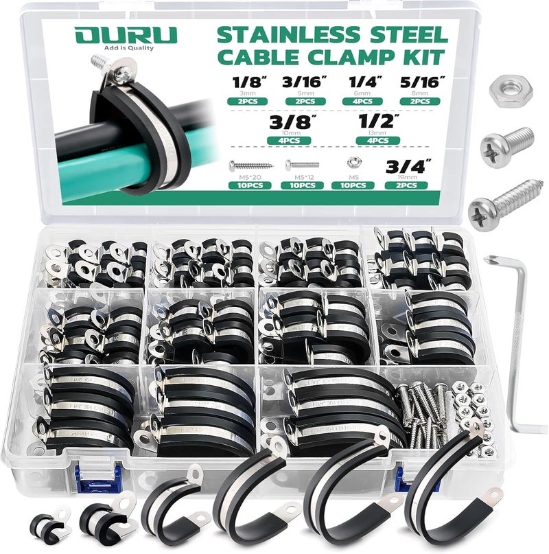 ORU 150PCS Cable Clamps with Screws Assortment Kit 304 Stainless Steel Rubber Coated Cushioned Insulated Wire Pipe Clamps 11 Sizes—3/16" 1/4" 5/16" 3/8" 1/2" 5/8" 3/4" 1" 1-1/4" 1-1/2" 1-3/4" - Image 1